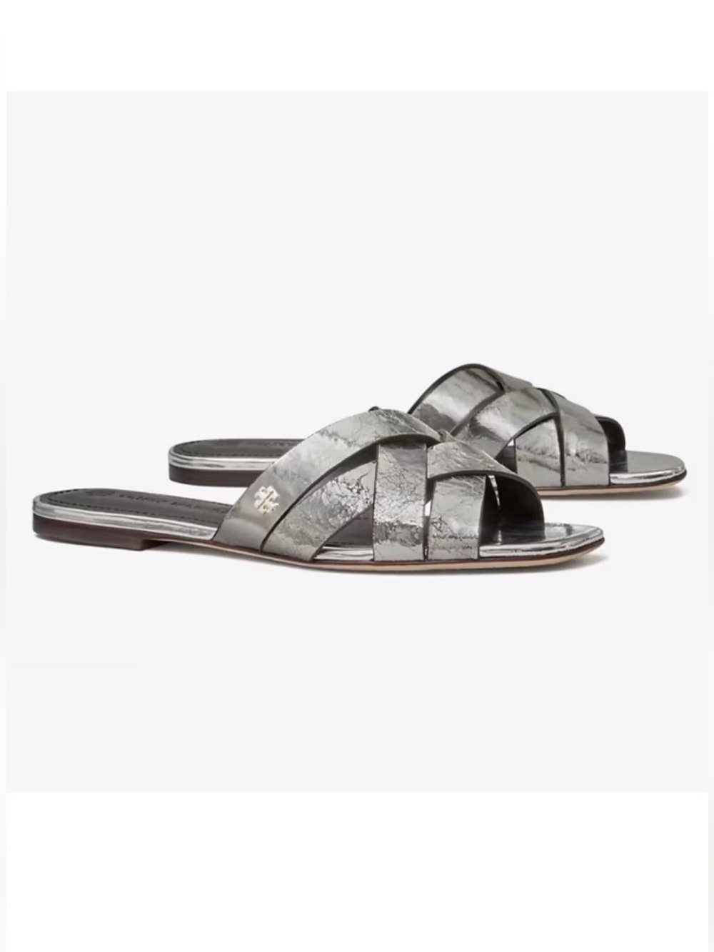 Tory Burch City Slides - Silver Crinkle Metallic Size 7.5